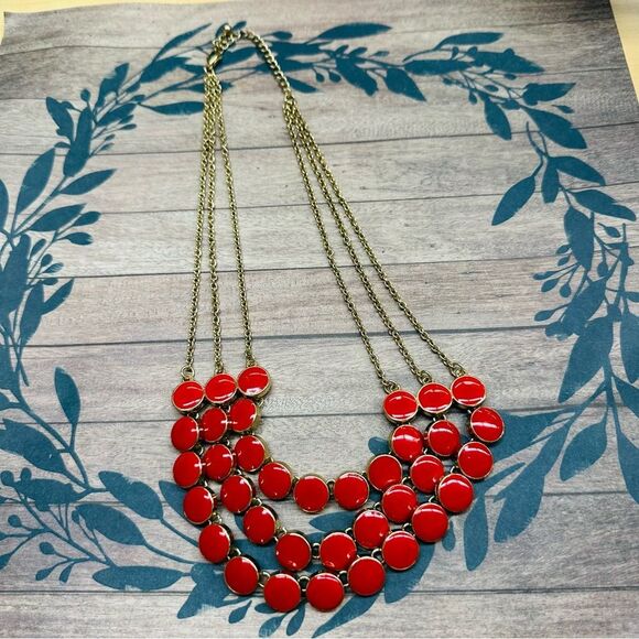 Gold Red Enamel Circles Multi Strand Necklace 22-24 In B3 - Picture 1 of 3
